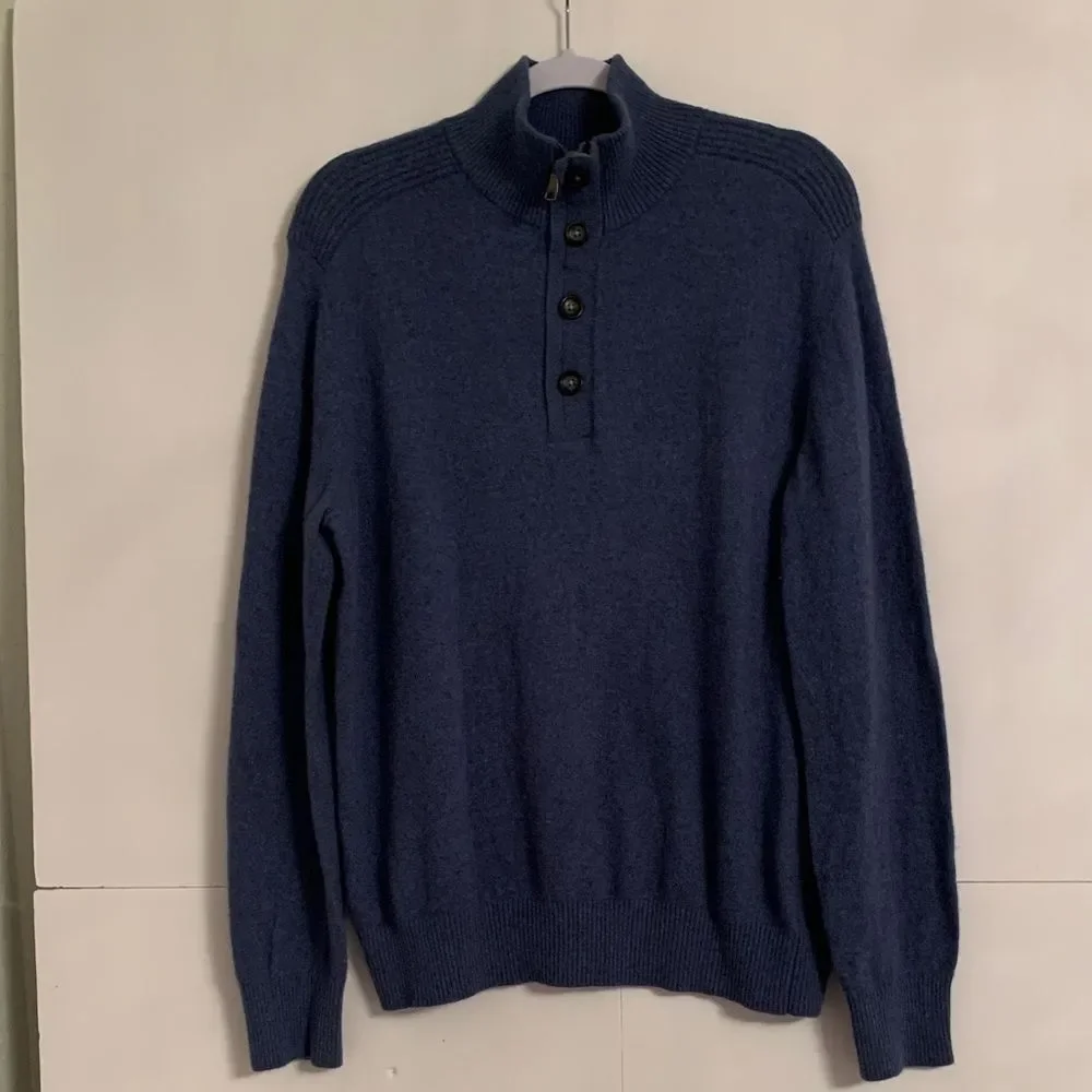 Banana Republic Men's Wool Blue Sweater with 3/4 Zip and Button Collar Size XL
